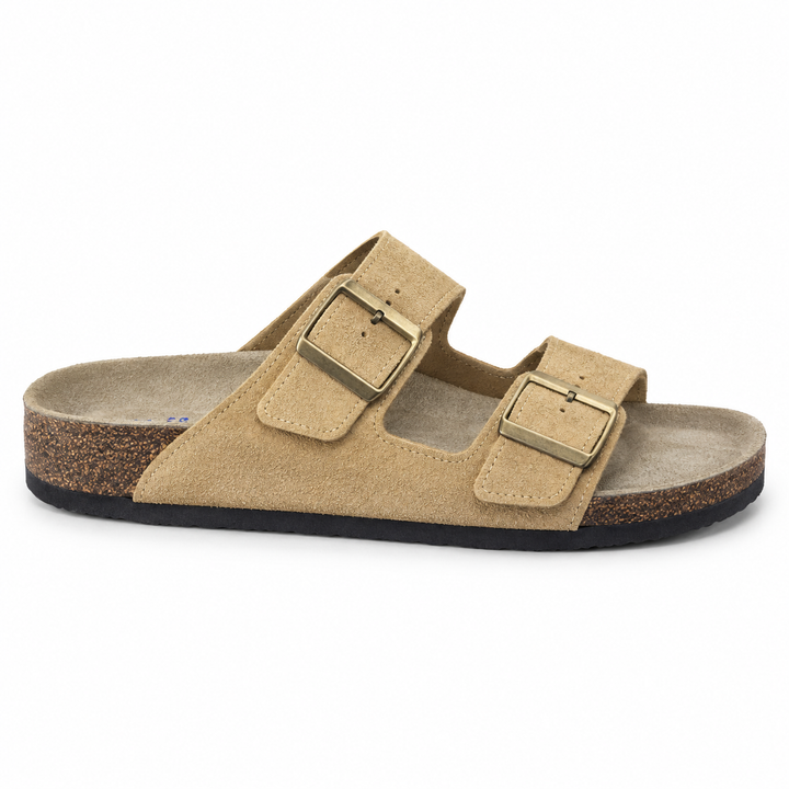 Dune Textured Double-Buckle Sandals — Sand, side view