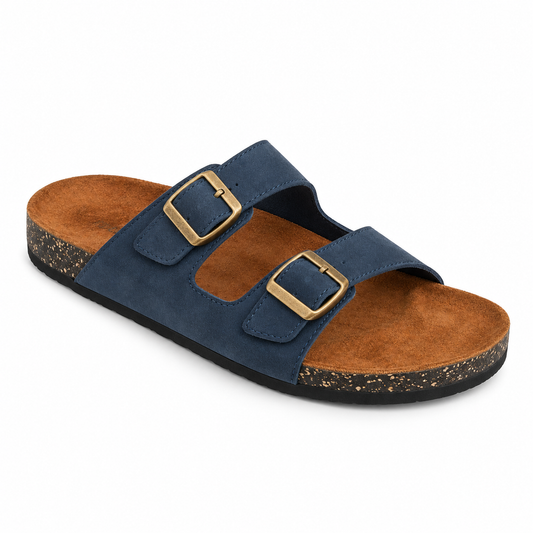 Dune Double-Buckle Sandals in Navy, EU 37–45, front three-quarter outer-side view, showing the whole shoe
