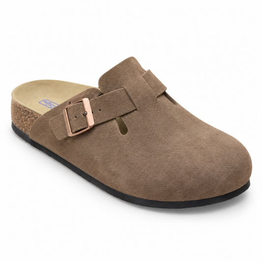 Haven Copper Buckle Clogs — Taupe, three quarter view