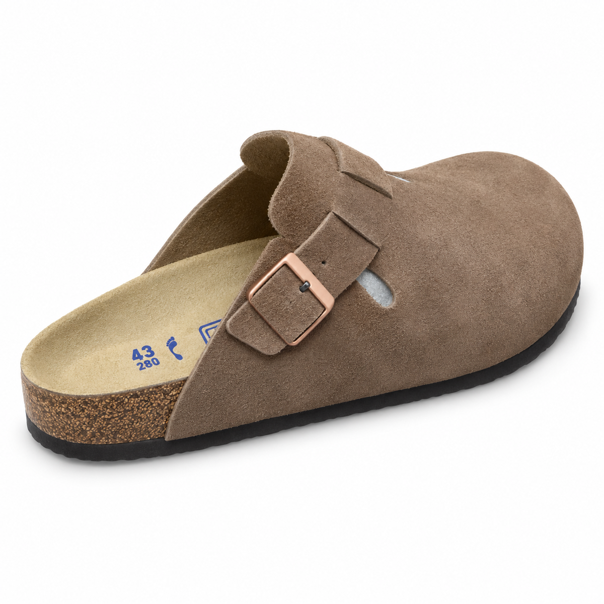 Haven Copper Buckle Clogs — Taupe, buckle and footbed view