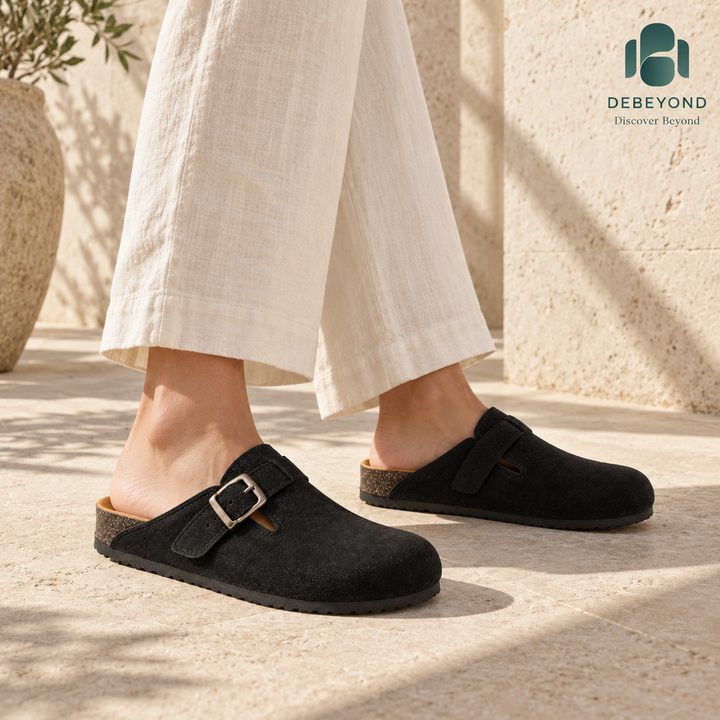 Haven Buckle Clogs — Black — styled on a woman, Debeyond lifestyle image 1