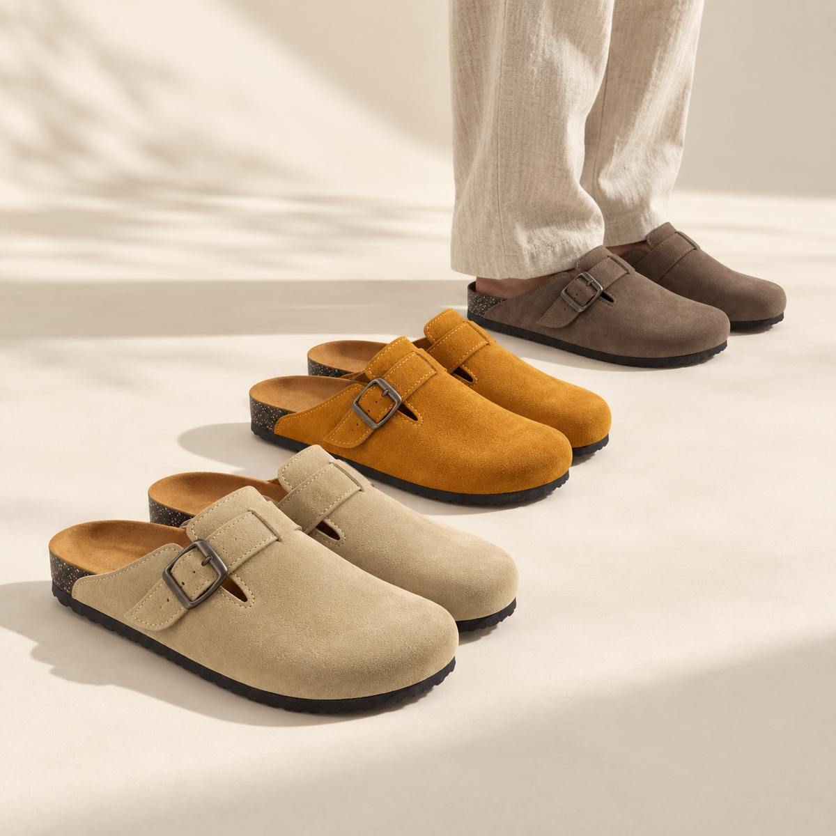 Debeyond Haven clogs in Sand, Ochre and Mocha, editorial colour story with linen styling