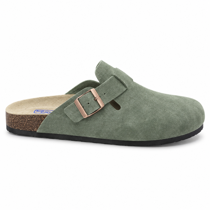 Haven Copper Buckle Clogs — Sage, side view