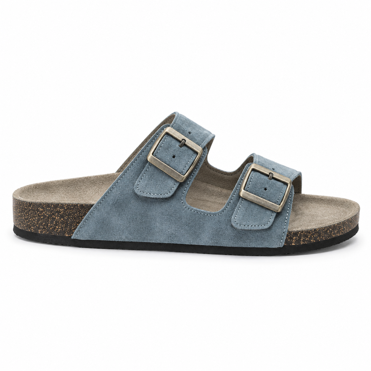 Dune Textured Double-Buckle Sandals — Denim, side view