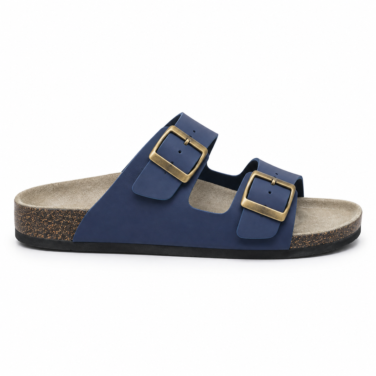 Dune Smooth Double-Buckle Sandals — Navy, side view