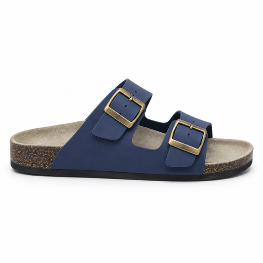 Dune Smooth Double-Buckle Sandals — Navy, side view