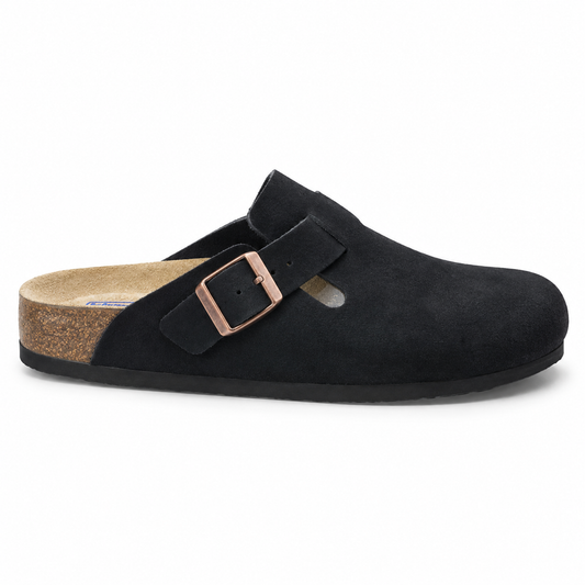 Haven Copper Buckle Clogs — Black, side view