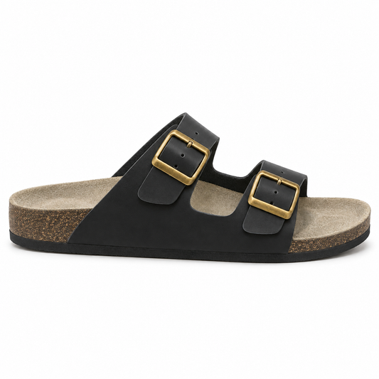 Dune Smooth Double-Buckle Sandals — Black, side view