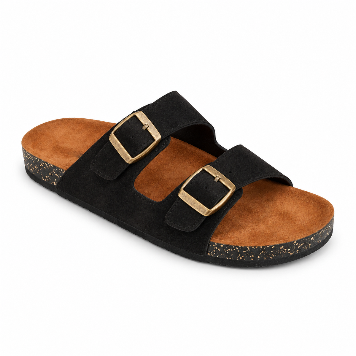 Dune Double-Buckle Sandals in Black, EU 37–45, front three-quarter outer-side view, showing the whole shoe