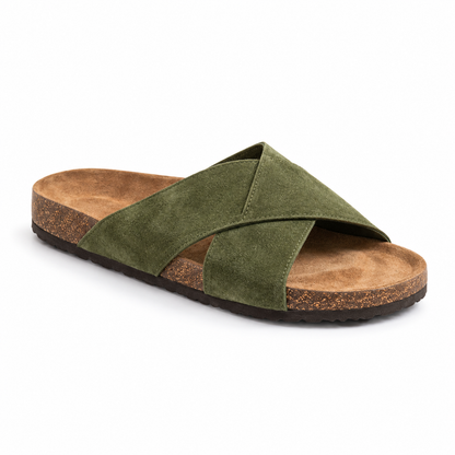 Cove Cross-Strap Slides in Olive, EU 37–45, front three-quarter outer-side view, showing the whole shoe