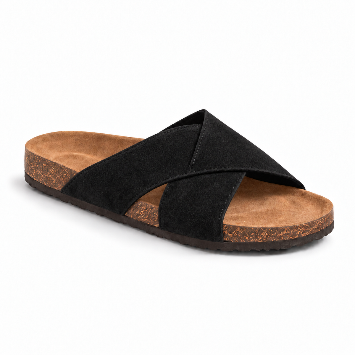 Cove Cross-Strap Slides in Black, EU 37–45, front three-quarter outer-side view, showing the whole shoe