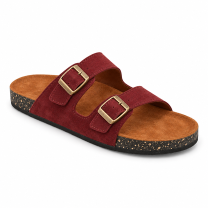 Dune Double-Buckle Sandals in Burgundy, EU 37–45, front three-quarter outer-side view, showing the whole shoe