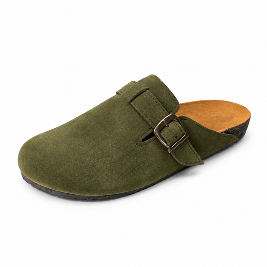 Haven Buckle Clogs in Olive, EU 37–45, front three-quarter outer-side view, showing the whole shoe