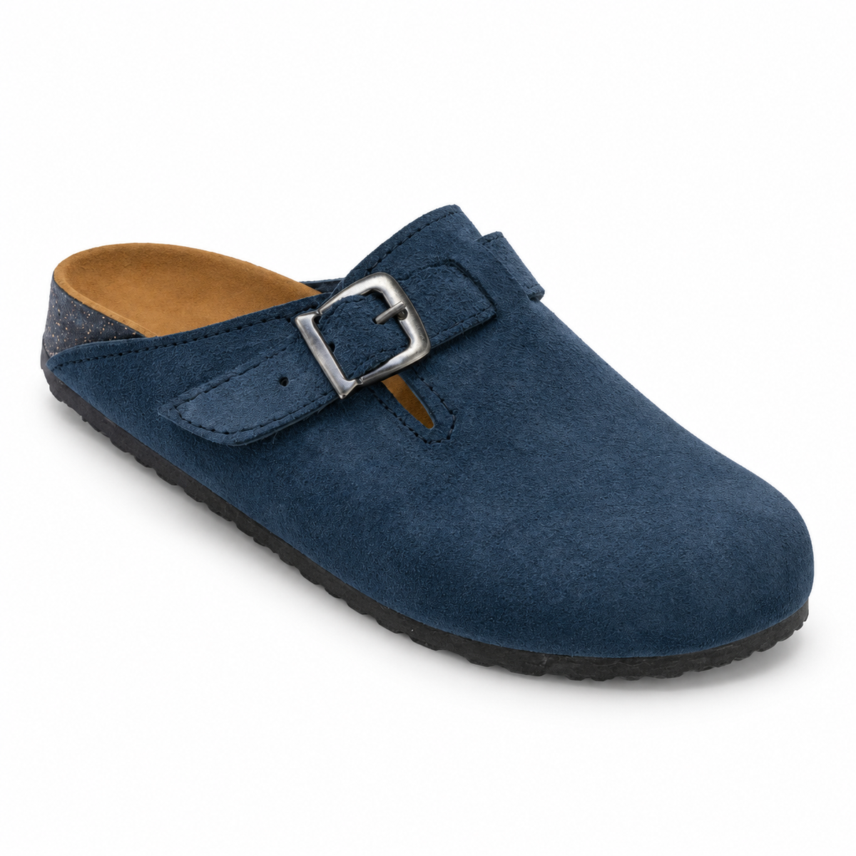 Haven Buckle Clogs in Navy, EU 37–45, front three-quarter outer-side view, showing the whole shoe