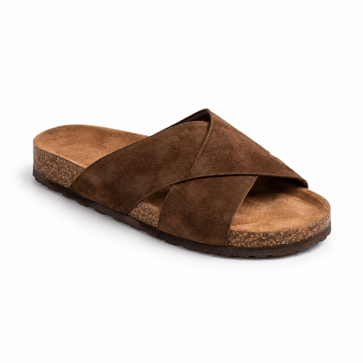 Cove Cross-Strap Slides in Mocha, EU 37–45, front three-quarter outer-side view, showing the whole shoe