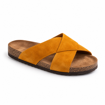 Cove Cross-Strap Slides in Ochre, EU 37–45, front three-quarter outer-side view, showing the whole shoe