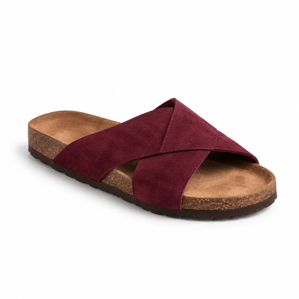 Cove Cross-Strap Slides in Burgundy, EU 37–45, front three-quarter outer-side view, showing the whole shoe