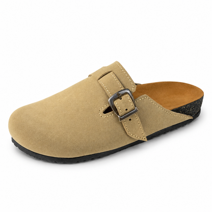 Haven Buckle Clogs in Sand, EU 37–45, front three-quarter outer-side view, showing the whole shoe