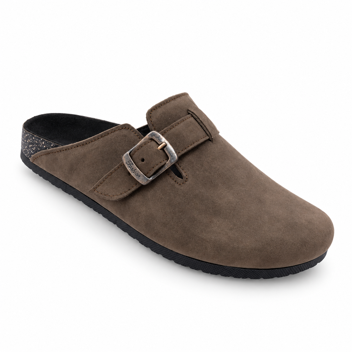 Haven Buckle Clogs in Mocha, EU 37–45, front three-quarter outer-side view, showing the whole shoe