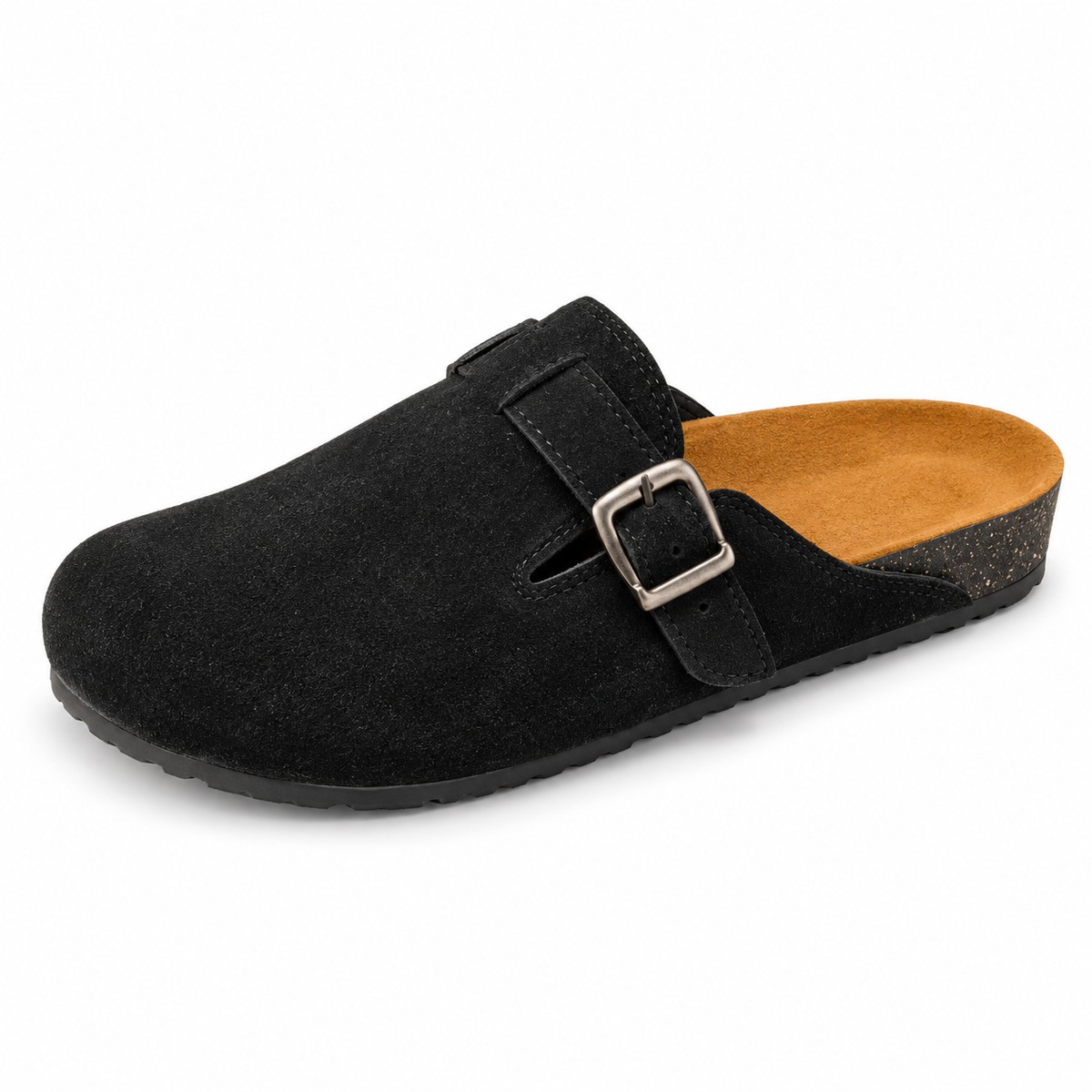 Haven Buckle Clogs in Black, EU 37–45, front three-quarter outer-side view, showing the whole shoe