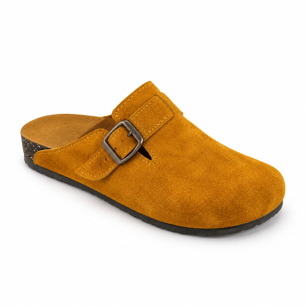 Haven Buckle Clogs in Ochre, EU 37–45, front three-quarter outer-side view, showing the whole shoe