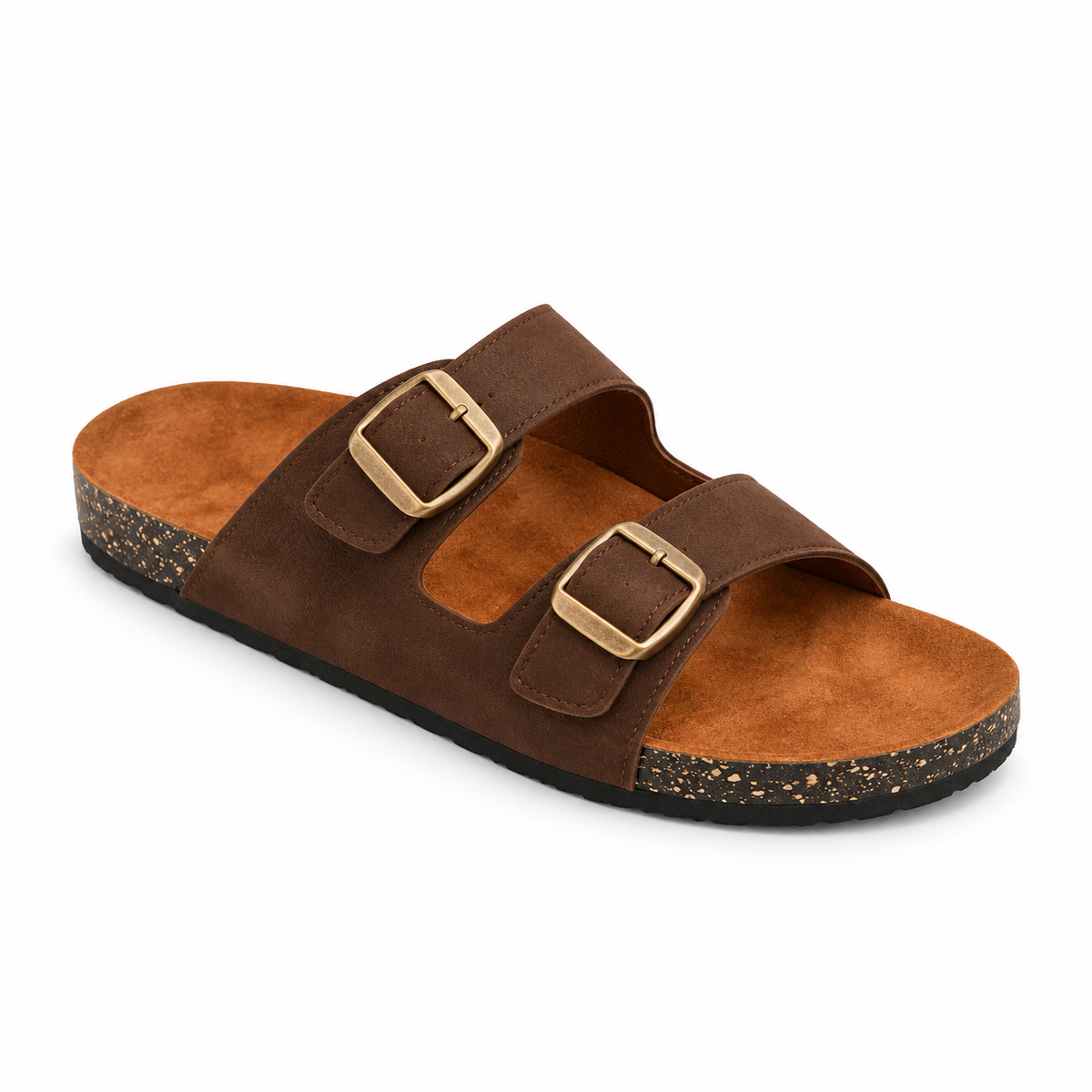 Dune Double-Buckle Sandals in Chocolate, EU 37–45, front three-quarter outer-side view, showing the whole shoe