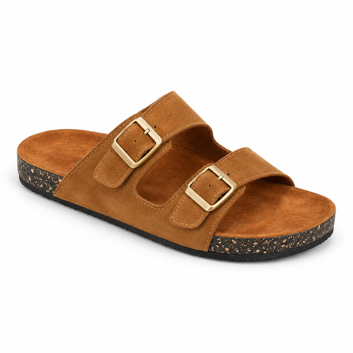 Dune Double-Buckle Sandals in Camel, EU 37–45, front three-quarter outer-side view, showing the whole shoe