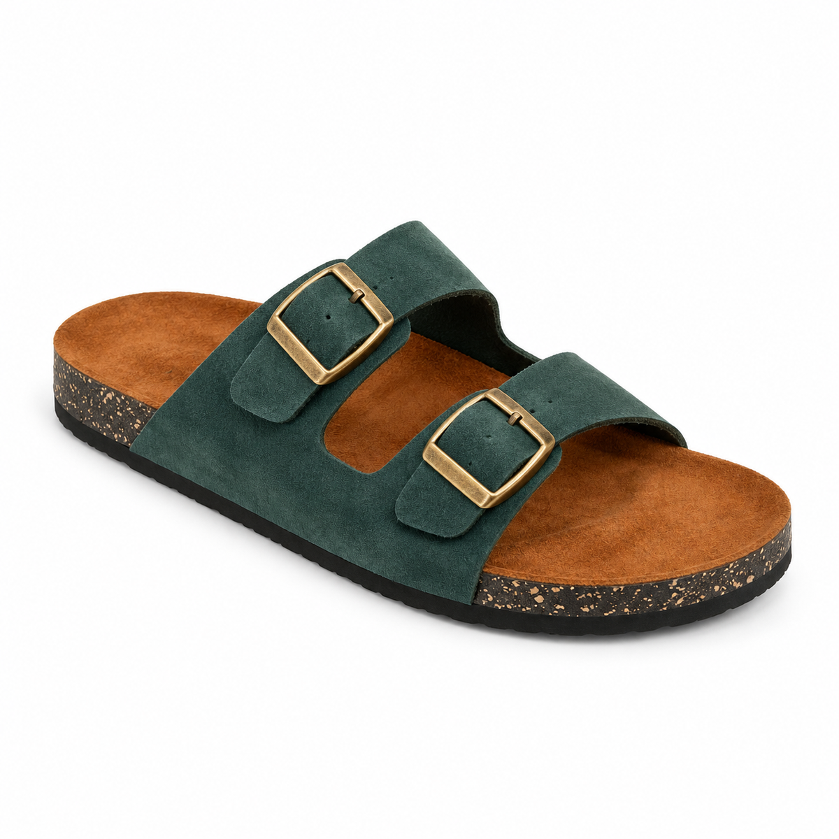 Dune Double-Buckle Sandals in Forest, EU 37–45, front three-quarter outer-side view, showing the whole shoe