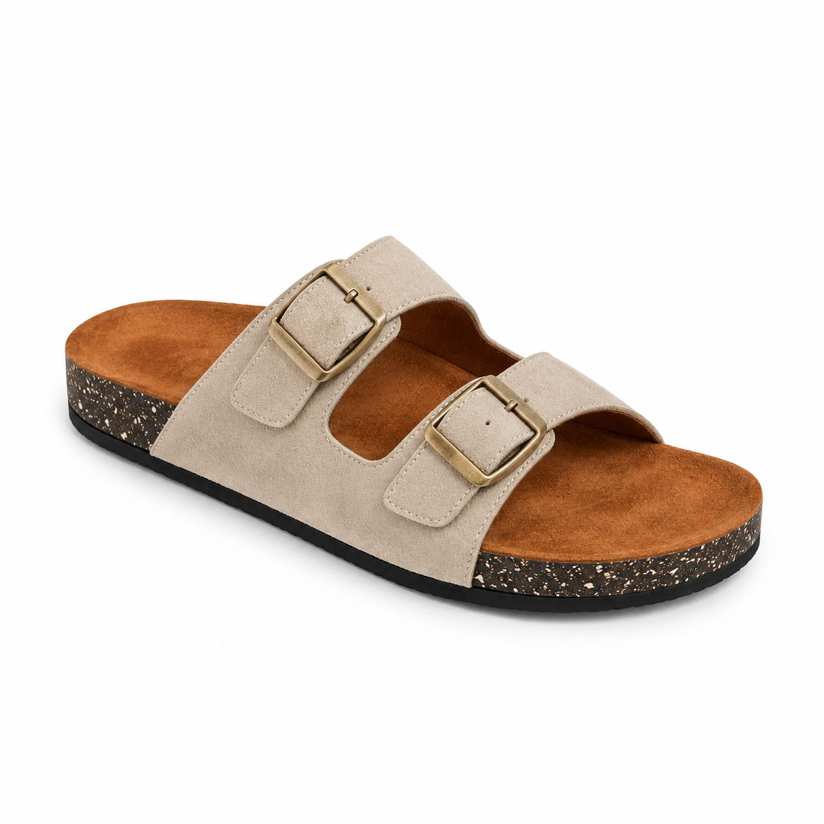 Dune Double-Buckle Sandals in Sand, EU 37–45, front three-quarter outer-side view, showing the whole shoe