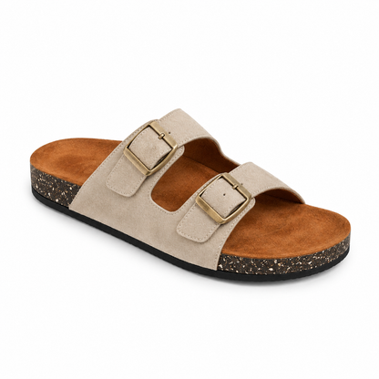 Dune Double-Buckle Sandals in Sand, EU 37–45, front three-quarter outer-side view, showing the whole shoe