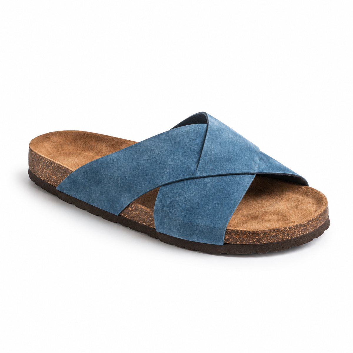 Cove Cross-Strap Slides in Denim, EU 37–45, front three-quarter outer-side view, showing the whole shoe
