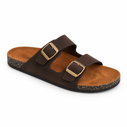 Dune Double-Buckle Sandals in Espresso, EU 37–45, front three-quarter outer-side view, showing the whole shoe