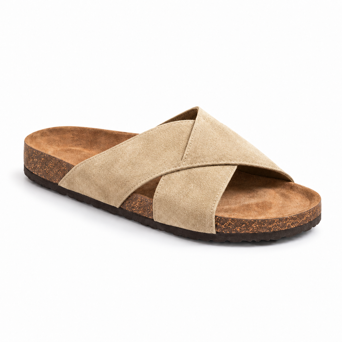 Cove Cross-Strap Slides in Sand, EU 37–45, front three-quarter outer-side view, showing the whole shoe
