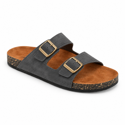 Dune Double-Buckle Sandals in Charcoal, EU 37–45, front three-quarter outer-side view, showing the whole shoe