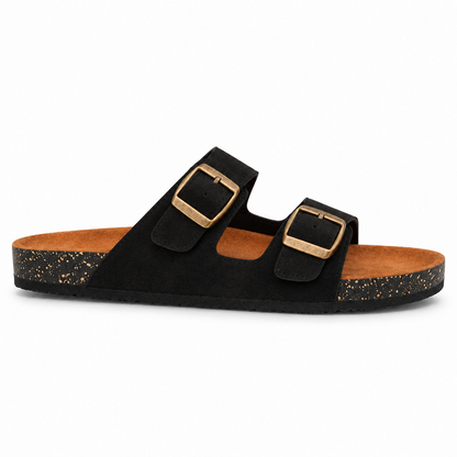 Dune Double-Buckle Sandals in Black, EU 37–45, full outer-side profile at a slightly elevated angle, whole shoe visible