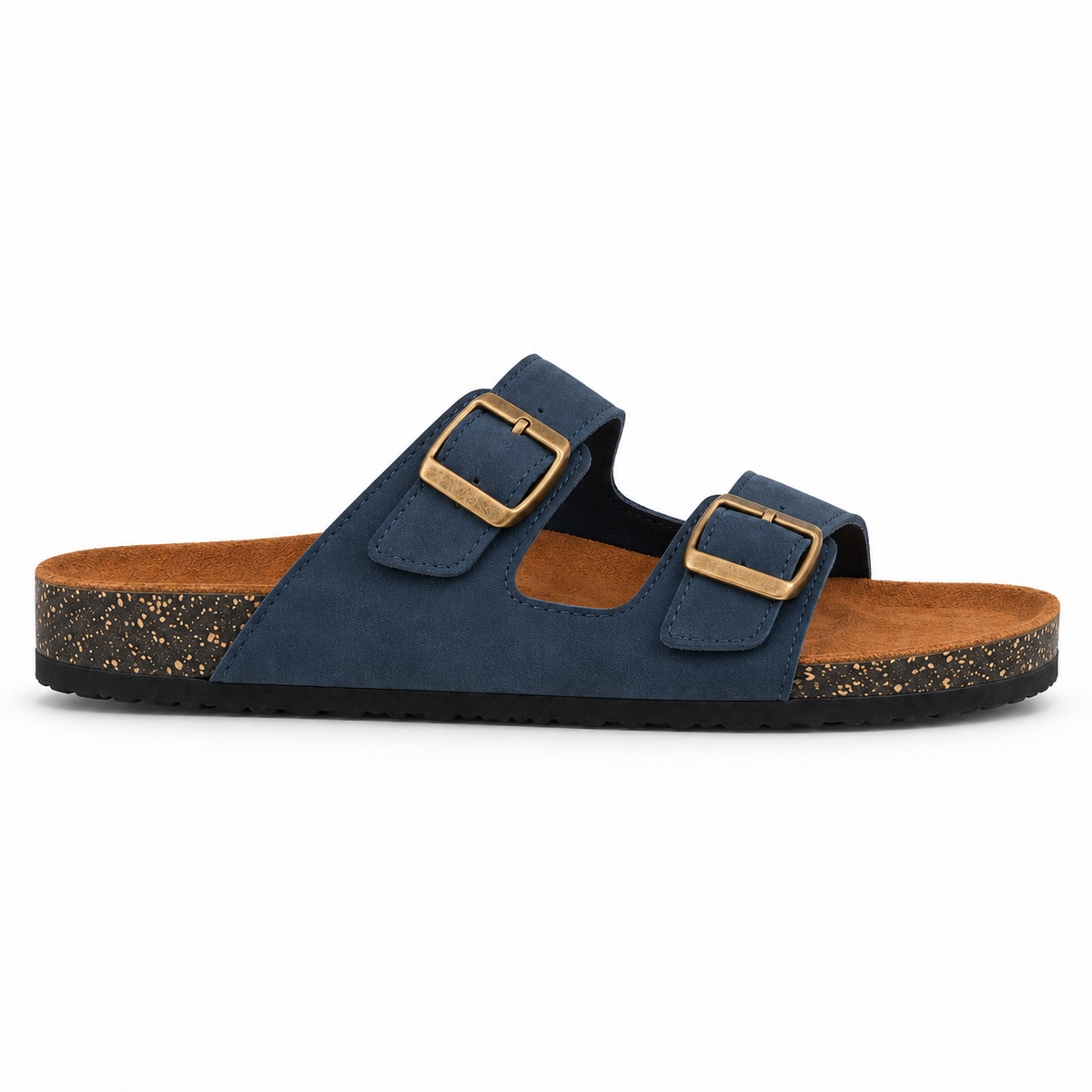 Dune Double-Buckle Sandals in Navy, EU 37–45, full outer-side profile at a slightly elevated angle, whole shoe visible