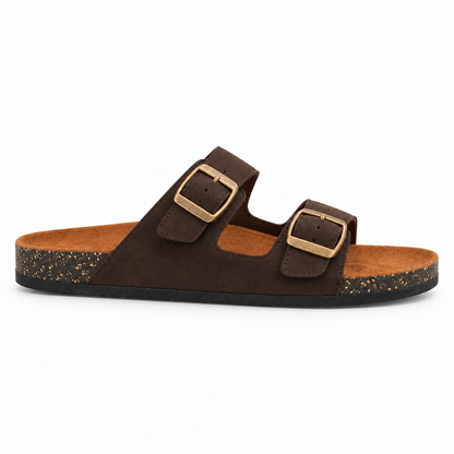 Dune Double-Buckle Sandals in Espresso, EU 37–45, full outer-side profile at a slightly elevated angle, whole shoe visible