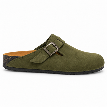 Haven Buckle Clogs in Olive, EU 37–45, full outer-side profile at a slightly elevated angle, whole shoe visible