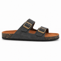 Dune Double-Buckle Sandals in Charcoal, EU 37–45, full outer-side profile at a slightly elevated angle, whole shoe visible
