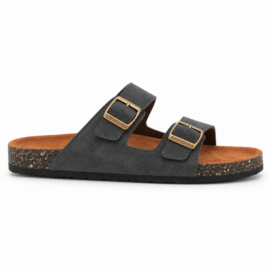 Dune Double-Buckle Sandals in Charcoal, EU 37–45, full outer-side profile at a slightly elevated angle, whole shoe visible
