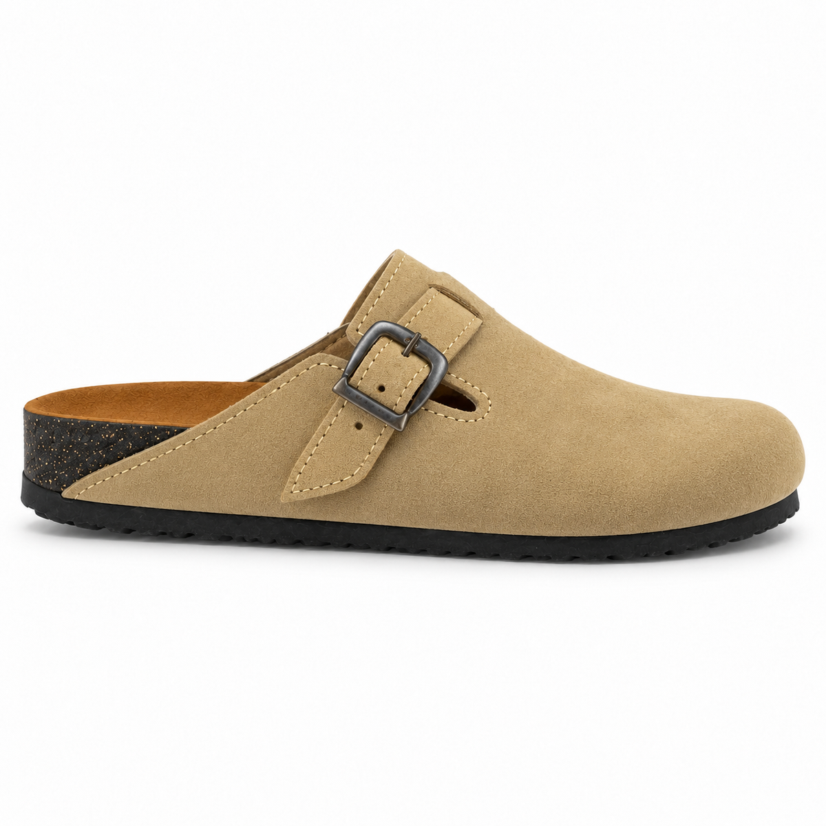 Haven Buckle Clogs in Sand, EU 37–45, full outer-side profile at a slightly elevated angle, whole shoe visible