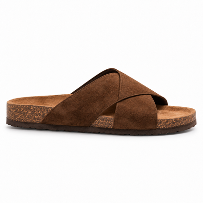 Cove Cross-Strap Slides in Mocha, EU 37–45, full outer-side profile at a slightly elevated angle, whole shoe visible