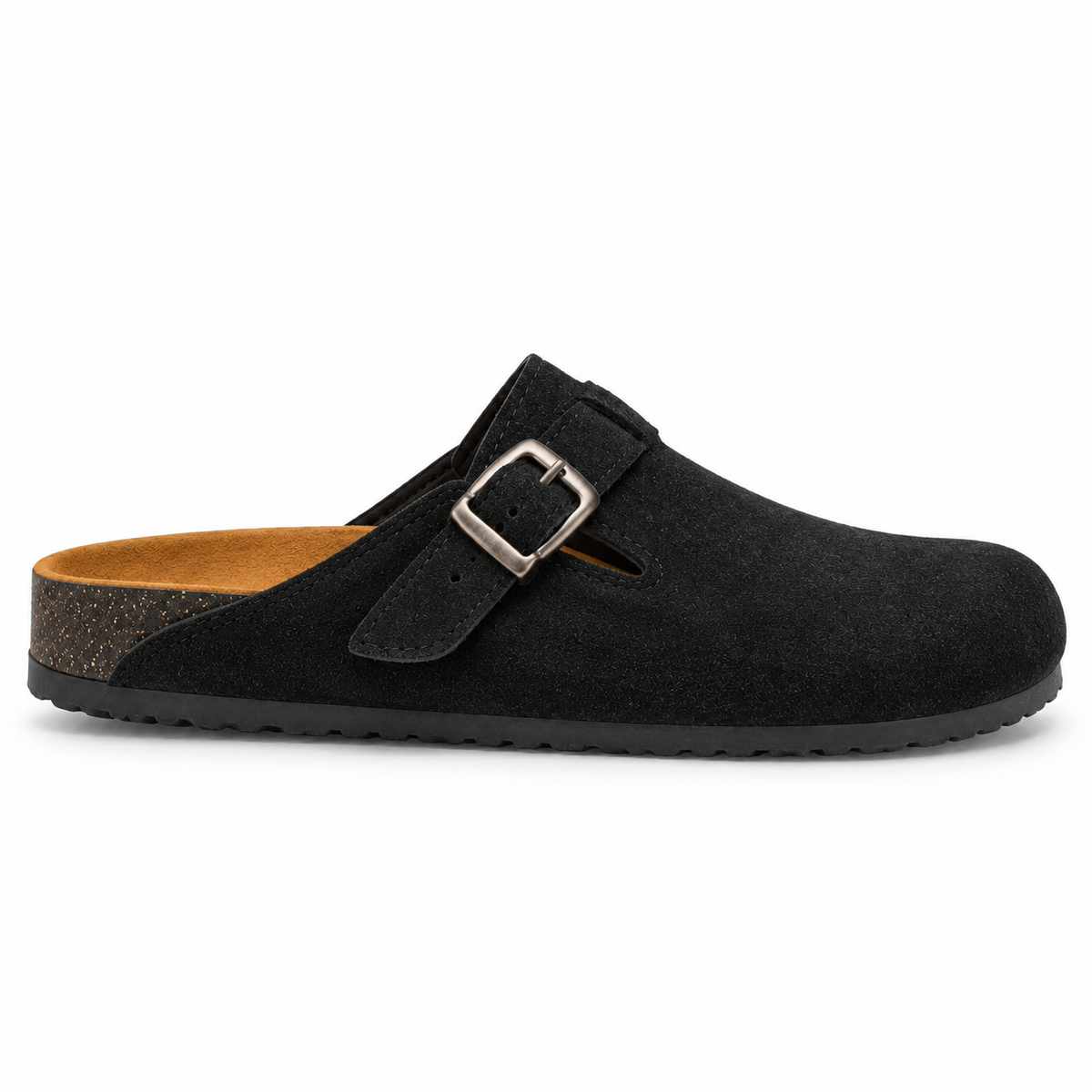Haven Buckle Clogs in Black, EU 37–45, full outer-side profile at a slightly elevated angle, whole shoe visible