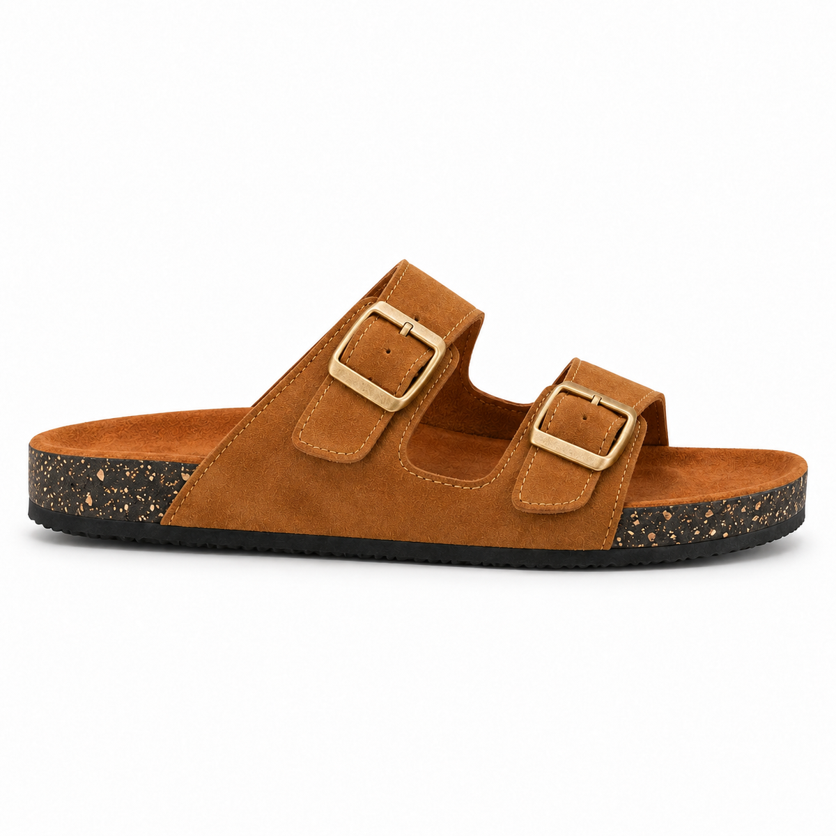 Dune Double-Buckle Sandals in Camel, EU 37–45, full outer-side profile at a slightly elevated angle, whole shoe visible