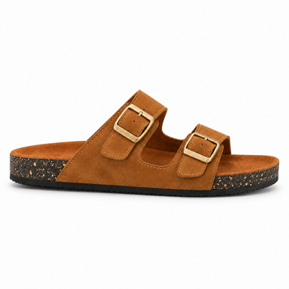 Dune Double-Buckle Sandals in Camel, EU 37–45, full outer-side profile at a slightly elevated angle, whole shoe visible