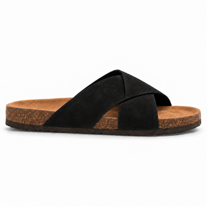 Cove Cross-Strap Slides in Black, EU 37–45, full outer-side profile at a slightly elevated angle, whole shoe visible