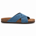 Cove Cross-Strap Slides in Denim, EU 37–45, full outer-side profile at a slightly elevated angle, whole shoe visible