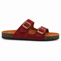 Dune Double-Buckle Sandals in Burgundy, EU 37–45, full outer-side profile at a slightly elevated angle, whole shoe visible