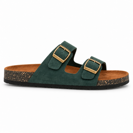 Dune Double-Buckle Sandals in Forest, EU 37–45, full outer-side profile at a slightly elevated angle, whole shoe visible