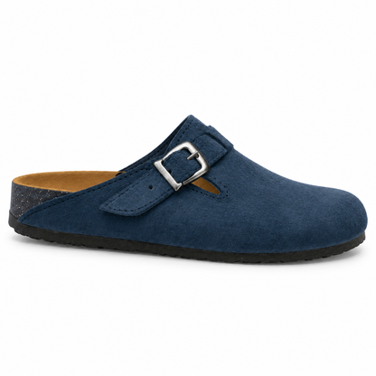 Haven Buckle Clogs in Navy, EU 37–45, full outer-side profile at a slightly elevated angle, whole shoe visible